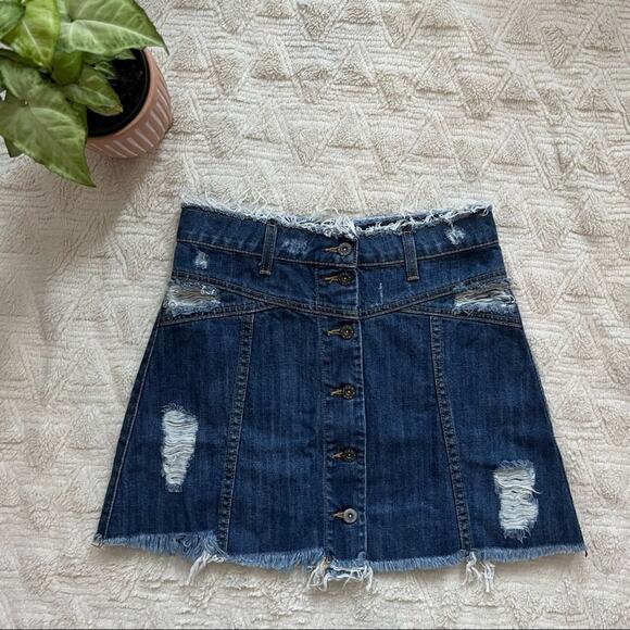LF Carmar Distressed Denim Button Front Mini Skirt - Picture 1 of 8